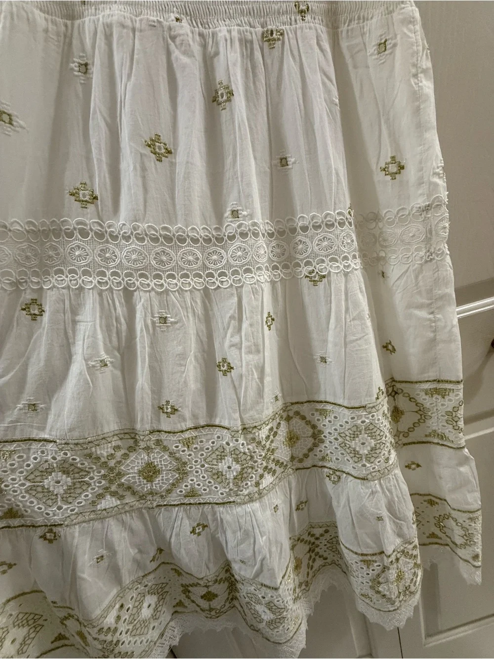 Soft Surroundings PS Petite Small White Gold Embroidered Cotton Midi Dress Boho